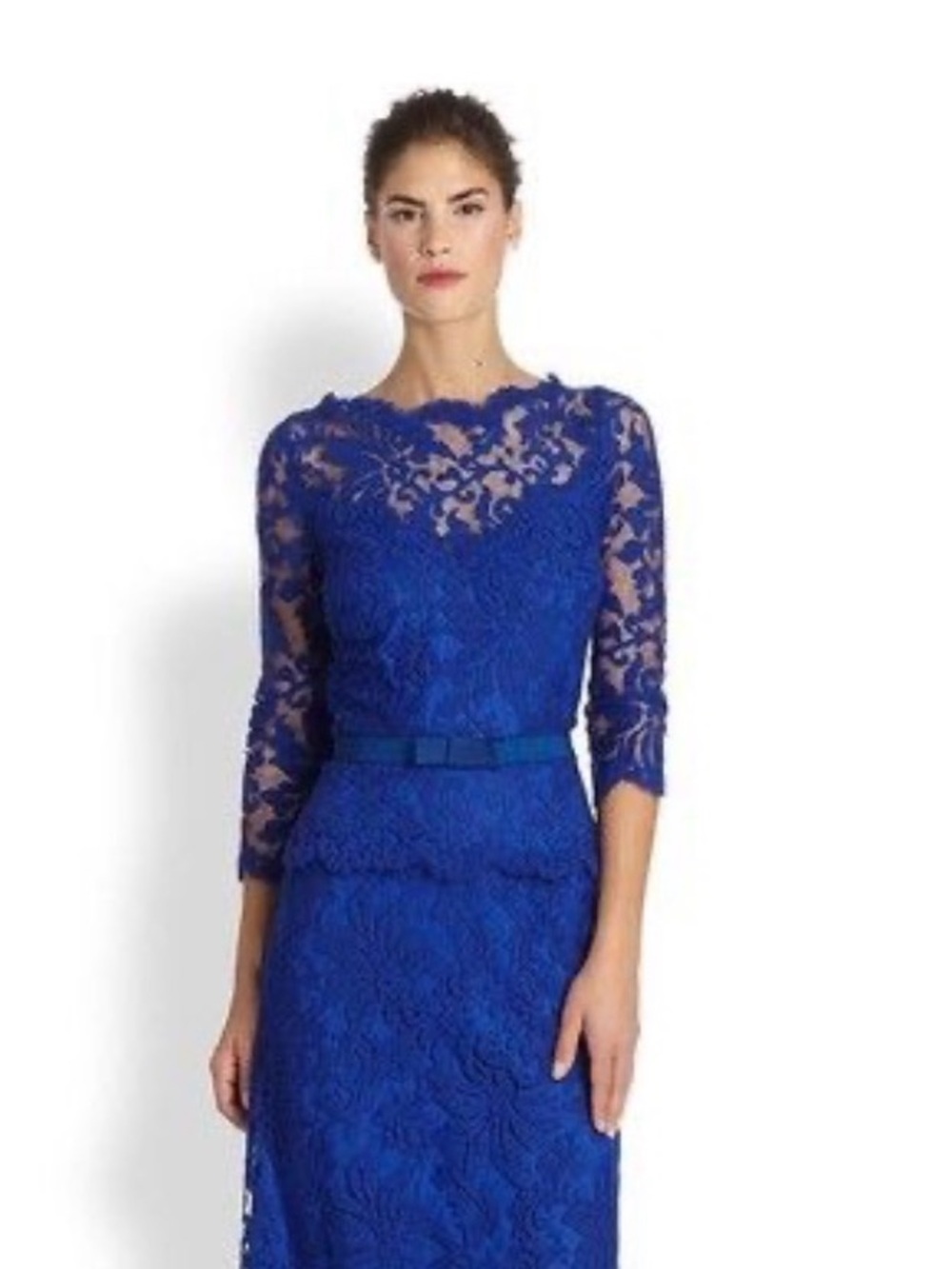 Tadashi Shoji Royal Blue Lace Dress with Sheer Three-Quarter Sleeves